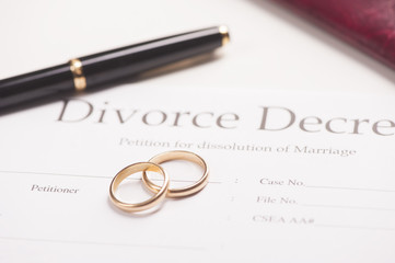 divorce papers with wedding rings